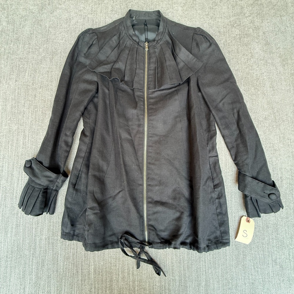 Womens Zip Up Jacket Small Black Linen Blend Ruffle Collar Pleated Cuffs Gothic